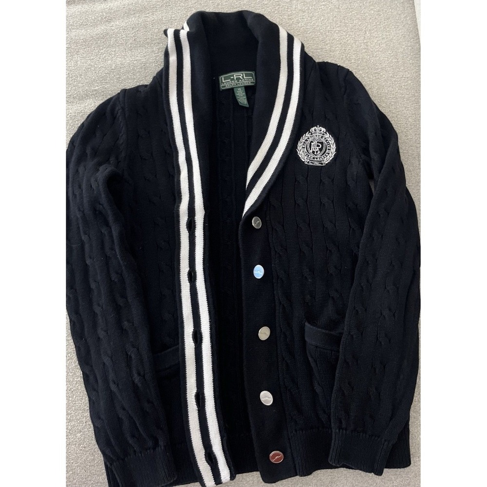 Lauren Ralph Lauren Active Cardigan Blk Varsity Cable Knit Shawl Collar Size XS - Picture 8 of 14